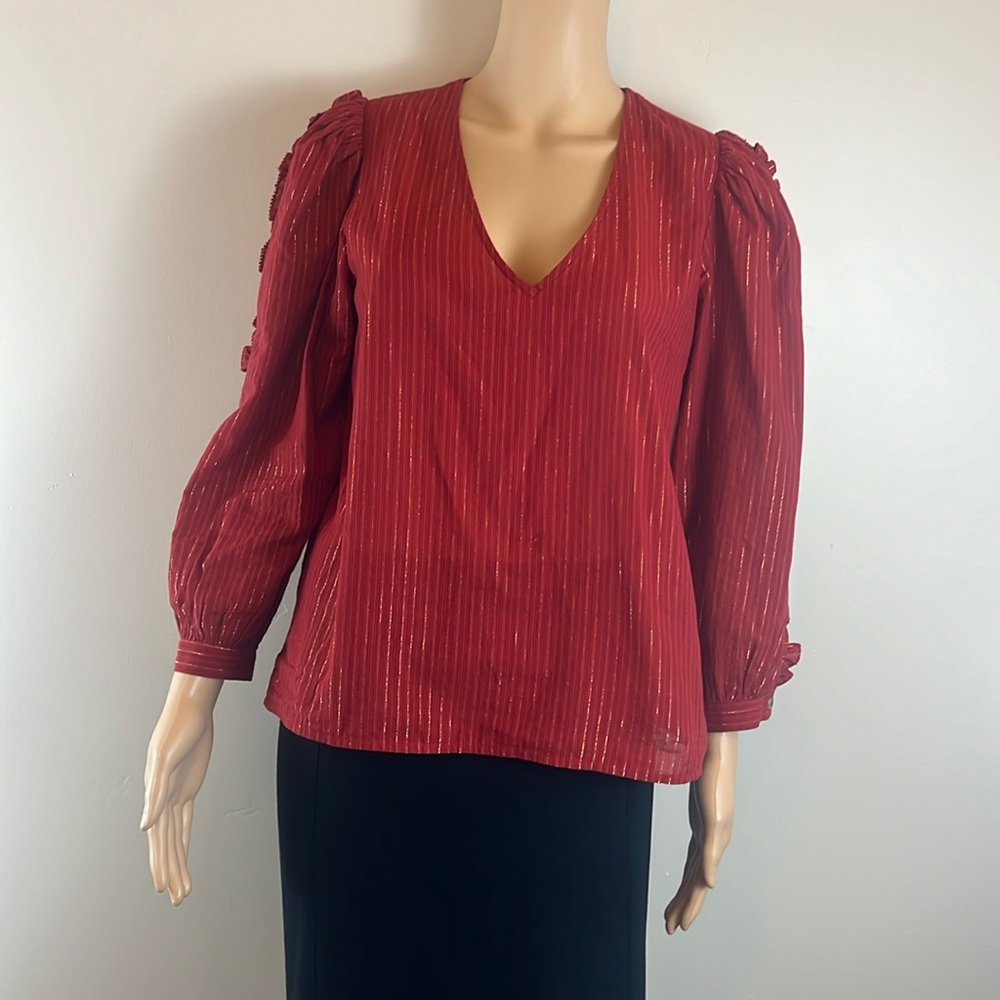Ulla Johnson Red V-Neck Cotton Blouse with Metallic Pinstripes